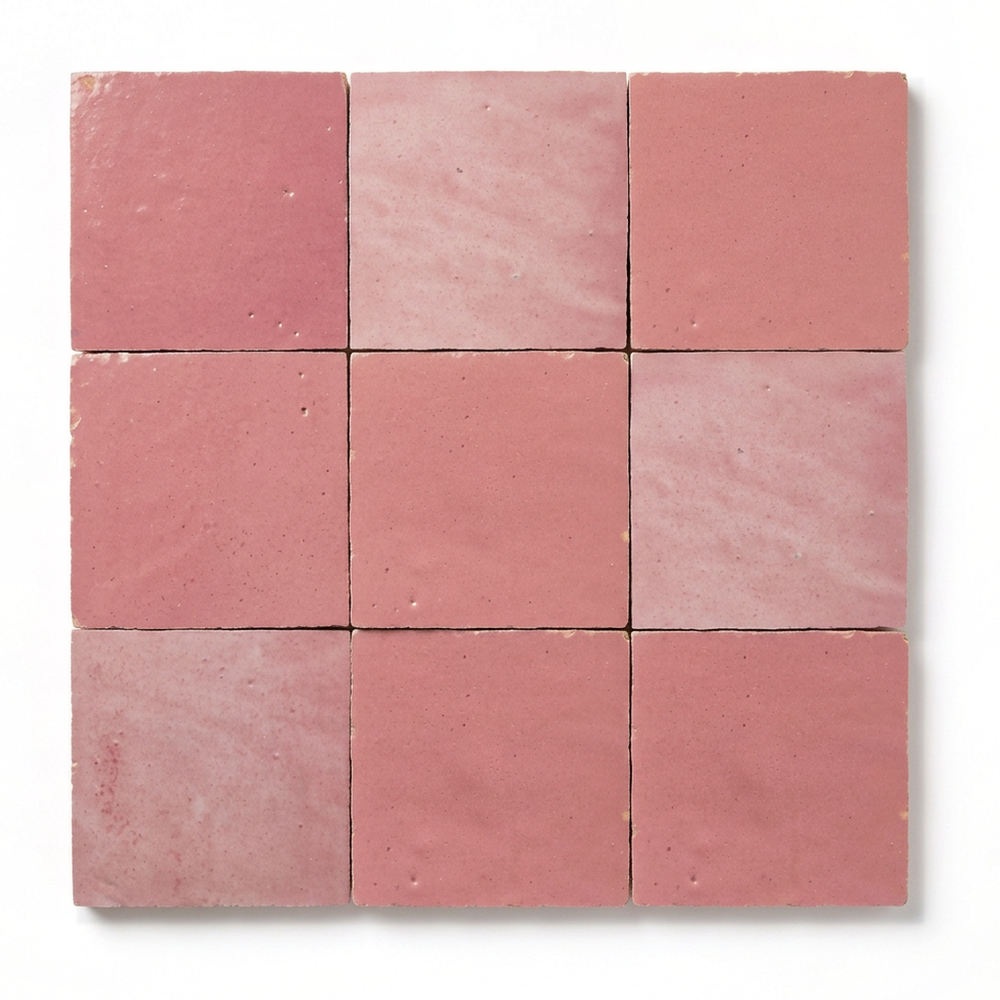 Peony Pink Zellige Square 4x4 handmade Moroccan tiles, nine tiles in a 3x3 grid on a white background