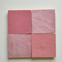 Peony Pink Zellige Square 4x4 handmade Moroccan tiles, four tiles laid flat