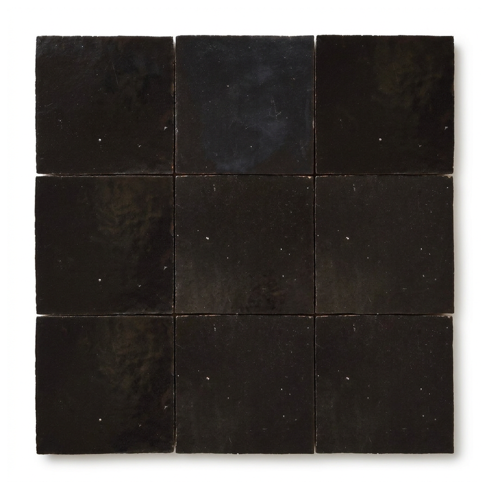 Matte Black Zellige Square 4x4 handmade Moroccan tiles, nine tiles in a 3x3 grid on a white background