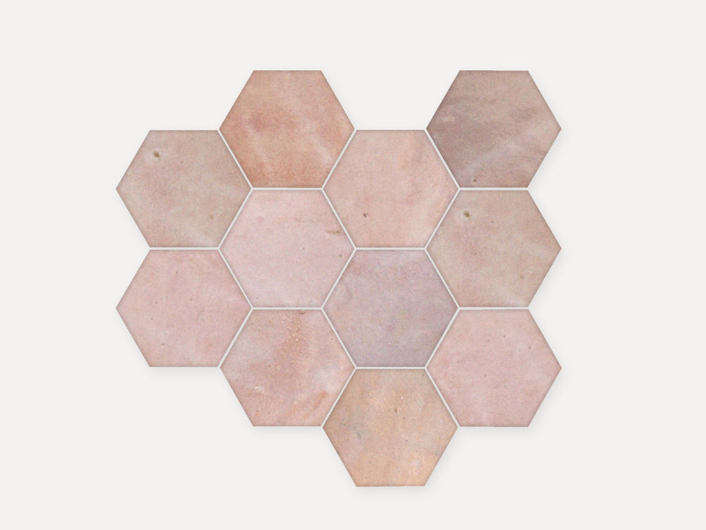 Rose pink zellige hexagon tiles, 4 inch, in a honeycomb cluster