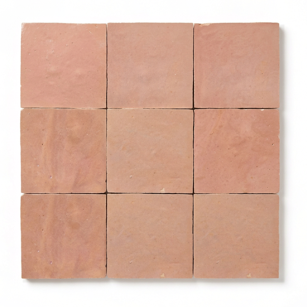 Terracotta Rose Zellige Square 4x4 handmade Moroccan tiles, nine tiles in a 3x3 grid on a white background