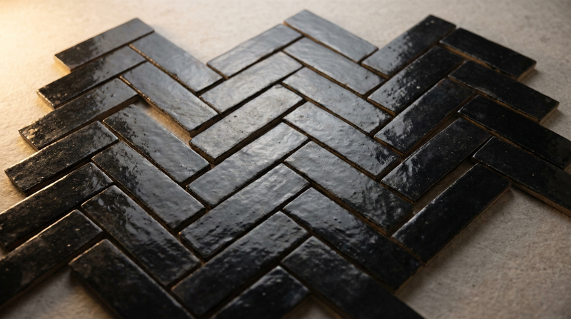 Black bejmat 6x2 herringbone zellige tiles - Handtile