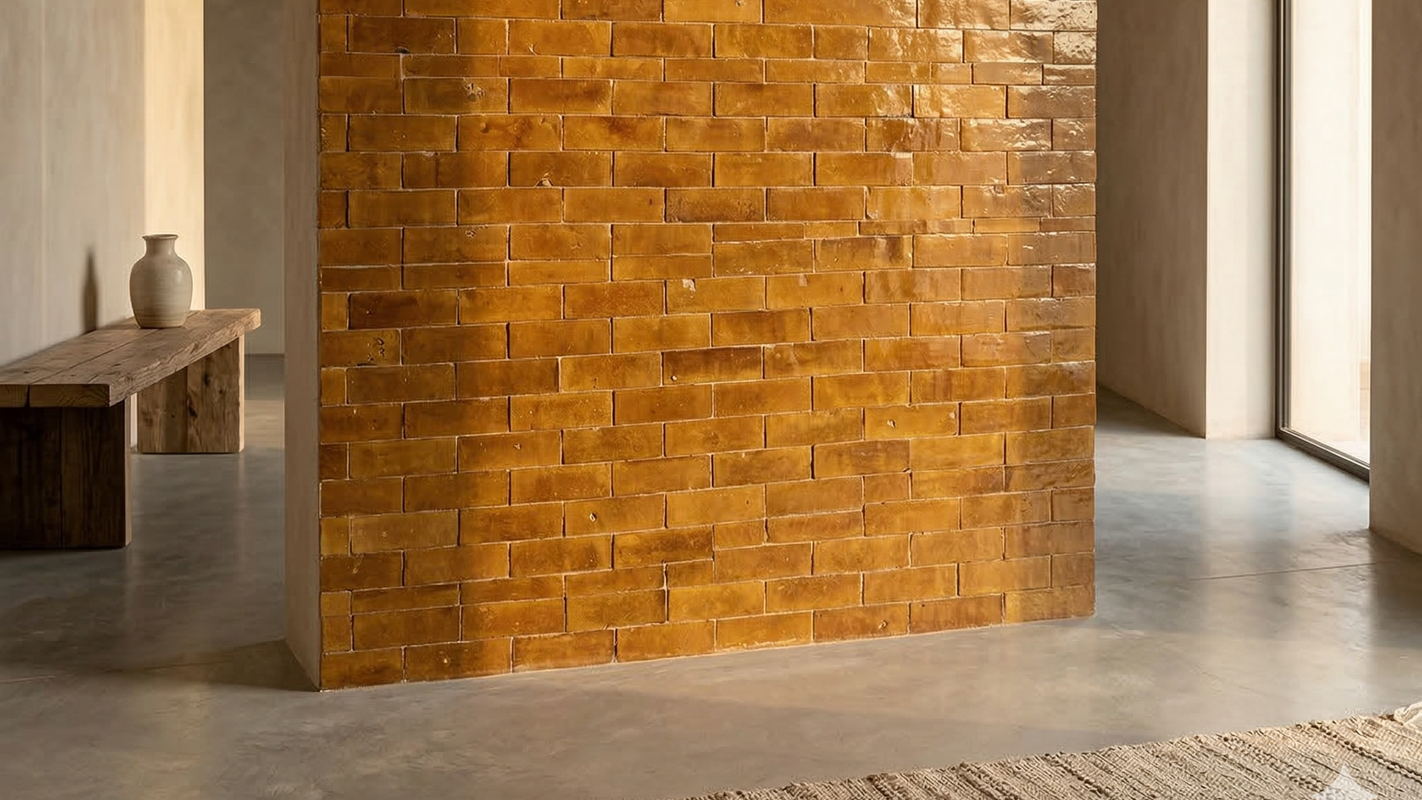 Brick-patterned brown bejmat tiles wall in a modern interior setting with natural light.