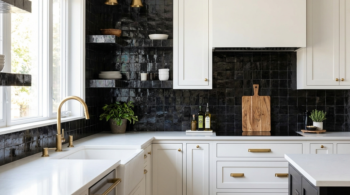 Black handmade zellige tile wall display - Handtile