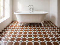 Rust Brown & Sage Star Zellige Mosaic Sheet installed as bathroom flooring