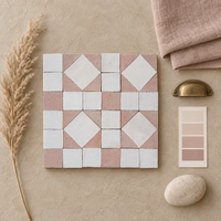 Dusty Rose Diamond Zellige Mosaic Sheet styled on a designer mood board with linen, brass, and plaster