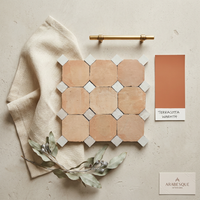 Terracotta Octagon Zellige styled on a designer mood board with linen, brass, and terracotta accents
