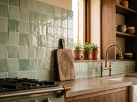 Seafoam Green Zellige Square 4x4 installed as a handmade Moroccan kitchen backsplash