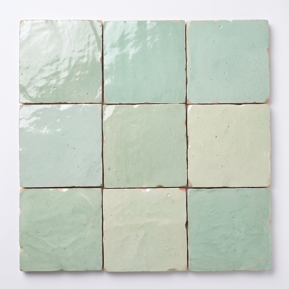 Seafoam Green Zellige Square 4x4 handmade Moroccan tiles in a 3x3 grid