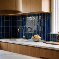 Cobalt Blue Talia Zellige Mosaic Sheet installed as a handmade kitchen backsplash