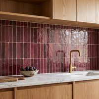 Burgundy Talia Zellige Mosaic Sheet installed as a handmade kitchen backsplash