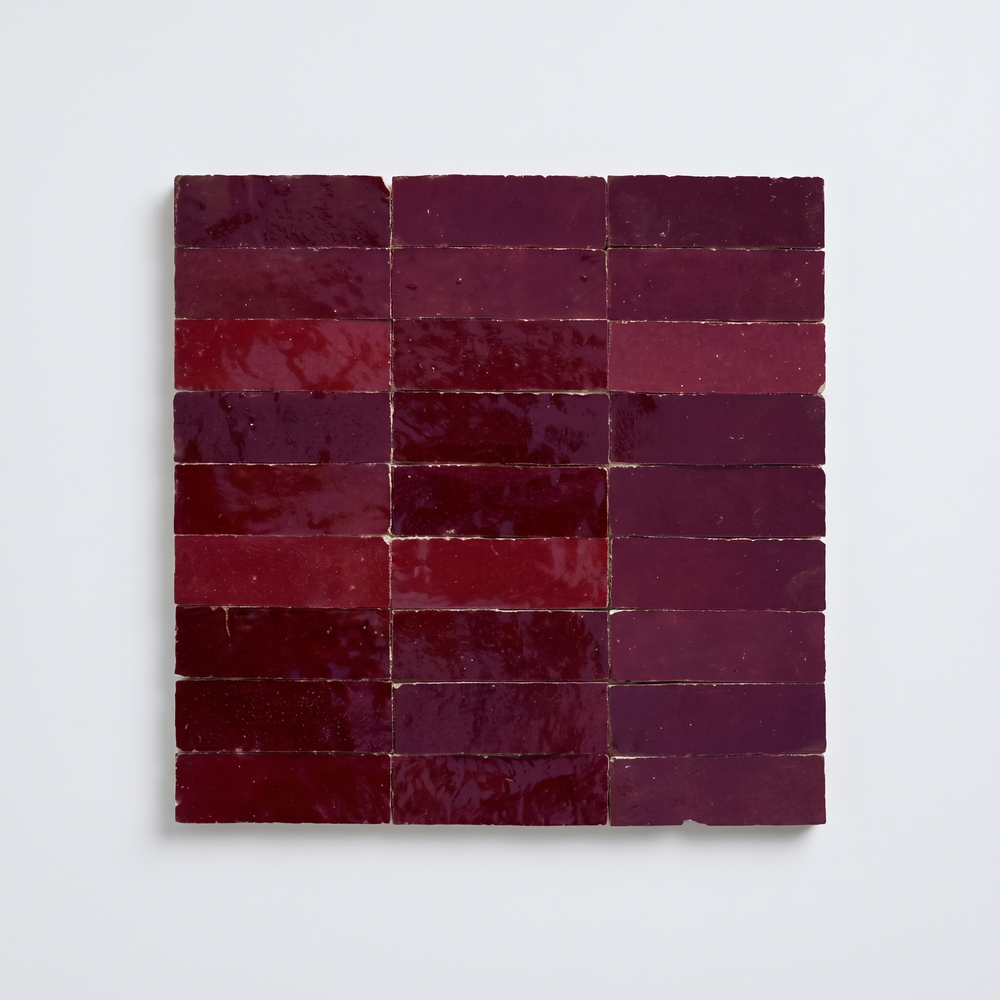 Burgundy Talia Zellige Mosaic Sheet, full 12x12 sheet on white background