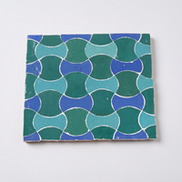 Bowtie Zellige Mosaic Tile, Emerald, Turquoise & Cobalt, full 12x12in sheet on a light grey background