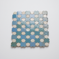 Star and Cross Zellige Mosaic Tile, Dusty Blue & Cream, full 12x12in sheet on a light grey background