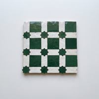 Star Checkerboard Zellige Mosaic Tile, Emerald & White, full 12x12in sheet on a light grey background