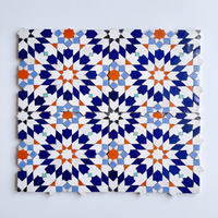 16 Point Star Rosette Zellige Mosaic Tile, Cobalt, Orange & White, full 12x12in sheet on a light grey background