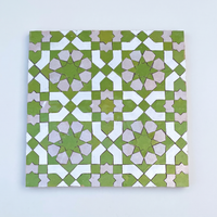 8 Point Star Rosette Zellige Mosaic Tile, Lime Green, White & Blush, full 12x12in sheet on a light grey background