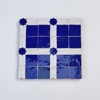 Square and Star Grid Zellige Mosaic Tile, Cobalt & White, full 12x12in sheet on a light grey background