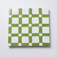 Windowpane Check Zellige Mosaic Tile, Lime Green & White, full 12x12in sheet on a light grey background