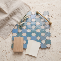 Star and Cross Zellige Mosaic Tile, Dusty Blue & Cream, styled on a designer mood board with linen, brass, and oak