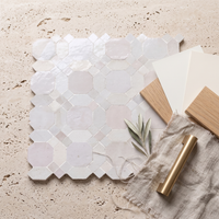 Octagon and Star Zellige Mosaic Tile, White, styled on a designer mood board with linen, brass, and oak