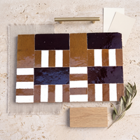 Stripe Block Zellige Mosaic Tile, Honey, Chocolate & White, styled on a designer mood board with linen, brass, and oak