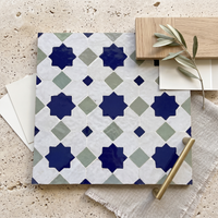 Star and Diamond Zellige Mosaic Tile, Navy, Sage & White, styled on a designer mood board with linen, brass, and oak