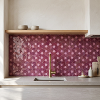 Star Swirl Zellige Mosaic Tile, Raspberry & Pink, 12x12in sheets installed as a handmade kitchen backsplash