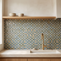 Star and Cross Zellige Mosaic Tile, Sea Teal & Cream, 12x12in sheets installed as a handmade kitchen backsplash
