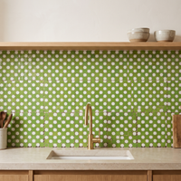 Star and Cross Zellige Mosaic Tile, Lime Green & White, 12x12in sheets installed as a handmade kitchen backsplash
