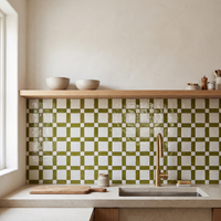 Windowpane Check Zellige Mosaic Tile, Lime Green & White, 12x12in sheets installed as a handmade kitchen backsplash