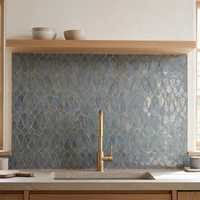 Hexagon Picket Zellige Mosaic Tile, Slate Blue, 12x12in sheets installed as a handmade kitchen backsplash