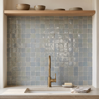Classic Square Zellige Mosaic Tile, Slate Grey, 12x12in sheets installed as a handmade kitchen backsplash