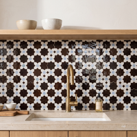 8 Point Star Zellige Mosaic Tile, Chocolate, White & Sky Blue, 12x12in sheets installed as a handmade kitchen backsplash