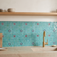 Square with Star Accents Zellige Mosaic Tile, Aqua, 12x12in sheets installed as a handmade kitchen backsplash