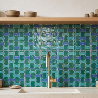 Bowtie Zellige Mosaic Tile, Emerald, Turquoise & Cobalt, 12x12in sheets installed as a handmade kitchen backsplash