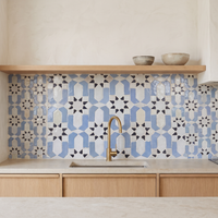 Andalusian Star Rosette Zellige Mosaic Tile, Periwinkle, White & Black, 12x12in sheets installed as a handmade kitchen backsplash