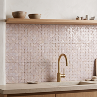 Pinwheel Triangle Zellige Mosaic Tile, Blush & Ivory, 12x12in sheets installed as a handmade kitchen backsplash