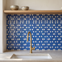 Star Swirl Zellige Mosaic Tile, Cornflower Blue & White, 12x12in sheets installed as a handmade kitchen backsplash