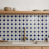Star and Diamond Zellige Mosaic Tile, Navy, Sage & White, 12x12in sheets installed as a handmade kitchen backsplash