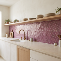 Arabesque Lantern Zellige Mosaic Tile, Rose Mauve, 12x12in sheets installed as a handmade kitchen backsplash