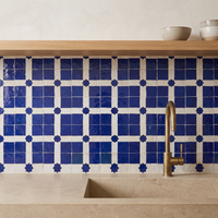 Square and Star Grid Zellige Mosaic Tile, Cobalt & White, 12x12in sheets installed as a handmade kitchen backsplash