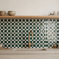 Star Checkerboard Zellige Mosaic Tile, Emerald & White, 12x12in sheets installed as a handmade kitchen backsplash