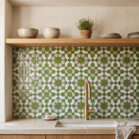 8 Point Star Rosette Zellige Mosaic Tile, Lime Green, White & Blush, 12x12in sheets installed as a handmade kitchen backsplash