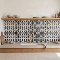 Andalusian Star Rosette Zellige Mosaic Tile, Navy & White, 12x12in sheets installed as a handmade kitchen backsplash