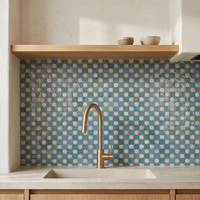 Star and Cross Zellige Mosaic Tile, Dusty Blue & Cream, 12x12in sheets installed as a handmade kitchen backsplash