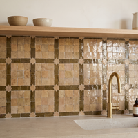 Square and Star Grid Zellige Mosaic Tile, Honey & Cream, 12x12in sheets installed as a handmade kitchen backsplash