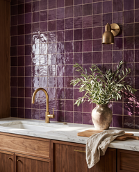 Mulberry Purple Zellige Square 4x4 installed as a handmade Moroccan kitchen backsplash