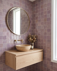 Lilac Mauve Zellige Square 4x4 installed on a handmade Moroccan bathroom vanity wall