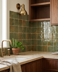 Olive Green Zellige Square 4x4 installed as a handmade Moroccan kitchen backsplash
